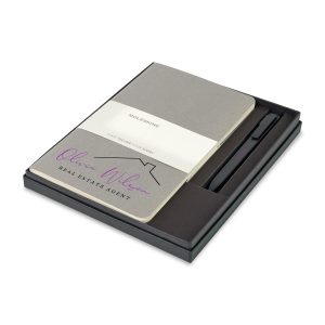 Custom Moleskine® Large Cahier and GO Pen Gift Set - Pebble Grey