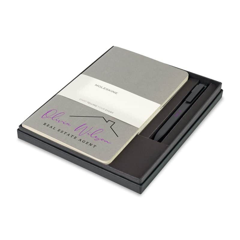 Custom Moleskine Large Cahier and GO Pen Gift Set - Pebble Grey